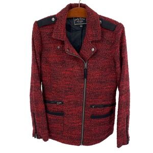 Lucky Brand Women's Size Small Tweed Moto Jacket Red‎ Black Blazer